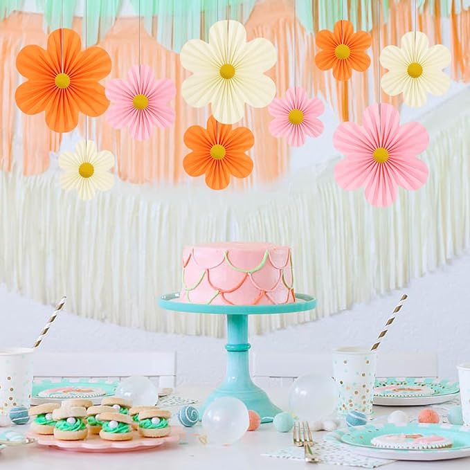 Pink and Orange Party Decorations Paper Flowers Decorations for Wall Classroom Paper Fans Floral Backdrop Flower Wall Decor Pack of 9 Pink Orange