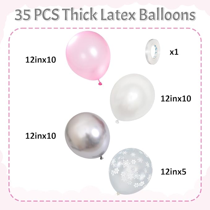 Pink and Silver Balloons 12 Inch Winter Onederland Snowflake Balloon Pearl Pink White Silver Metallic Latex Party Balloons for Winter Christmas Wonderland Girl Birthday Baby Shower Decorations