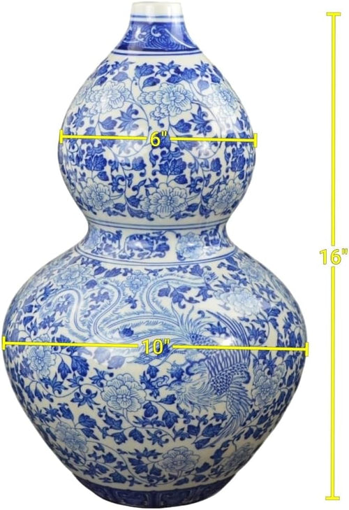 16" Classic Blue and White Porcelain Gourd-Shaped Vase, China Ming Style, Good Fortune, Fengshui, Jingdezhen