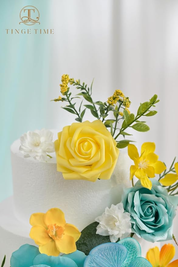 TINGE TIME Artificial Flowers Combo Set Teal Blue & Yellow Flowers Mix Silk Flowers Roses with Stem for DIY Wedding Bridal Bouquets Baby Shower Floral Arrangement Table Centerpieces Home Decorations