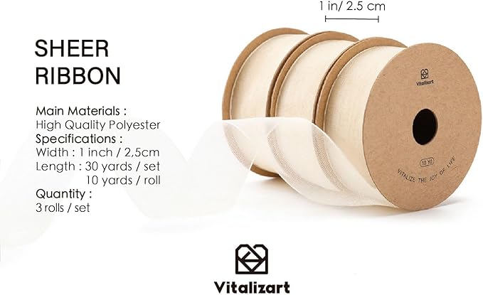 Vitalizart Ivory Cream Ribbon Organza Sheer Ribbon 1 inch x 30Yd Handmade Fabric Ribbons for Gift Wrapping Christmas Tree Crafts Bows Wedding Invitations Wreaths Wrap