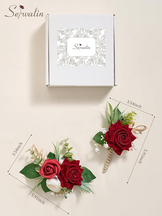 Serwalin Red Rose Corsage and Boutonniere Set, Boutonniere for Men and Wrist Corsage Wristlet Prom Homecoming Wedding Flowers Accessories Party Suit Decorations (red)