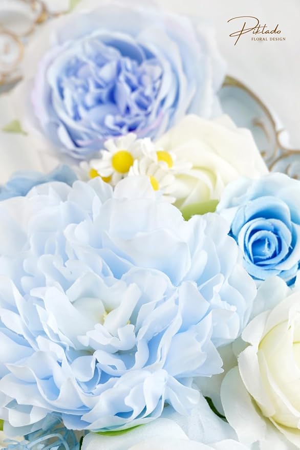 Artificial Flower Combination Box Set Artificial Flower Loose Leaves and Stems DIY Wedding Center Bouquet Bride Wedding Baby Shower(Fresh Light Blue)