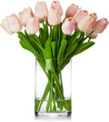 ENOVA HOME 20 Pieces Artificial Real Touch Tulips Flower Arrangement in Glass Vase with Faux Water for Home Decoration (Pink)