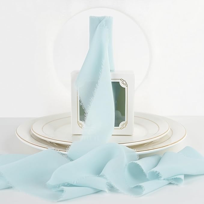 MEEDEE Aqua Chiffon Ribbon 3 Inch Fringe Ribbons Blue Chiffon Silk Frayed Edge Ribbon Wide Chiffon Ribbons for Crafts, Flower Bouquet, Wedding Favors Wrapping (2 Rolls 10 Yards)