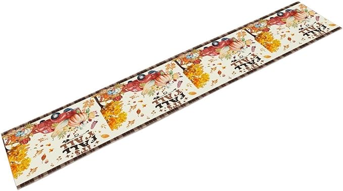 Fall Pumpkin Table Runner,Rustic Maple Yellow Leaf Trees Truncks Brown Plaid Tablecloth Burlap for Hotel Indoors Outdoor Dining Room Kitchen Home Decor,W13X L108 in