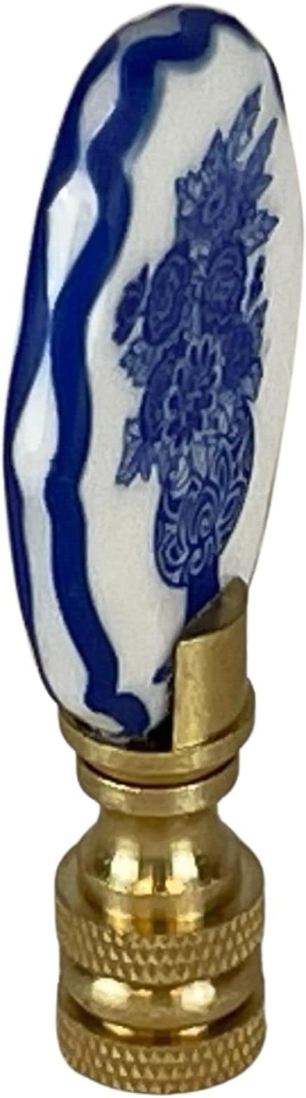 Royal Designs, Inc. Blue & White Porcelain Oval Flowers Vase Design Finial for Lamp Shade, Polished Brass
