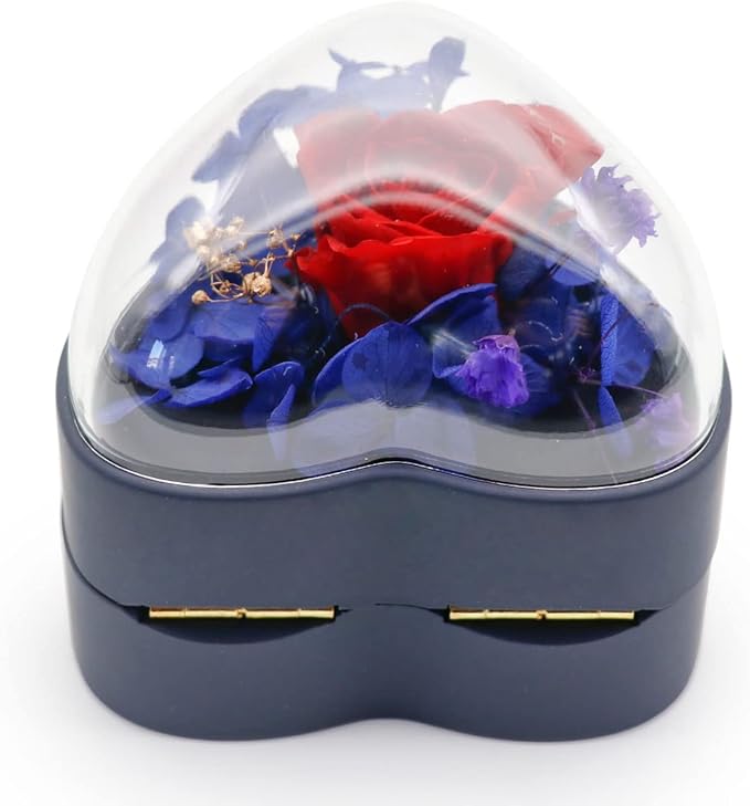 Preserved Flower Rose Pendant Box, Heart Shape Velvet Jewelry Box for Valentine's Day Mother's Day Wedding Anniversary Birthday Gift, Dark Blue