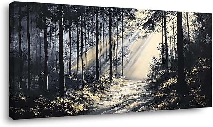 LAVIKARS Rustic Sunlight Forest Wall Art for Living Room Office Black and White Modern Landscape Canvas Painting Prints Large Nature Artwork Home Kitchen Bedroom Decor (28x58 Inches)