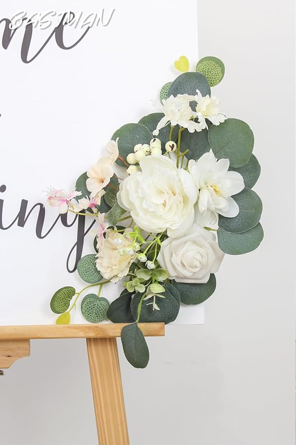 2pcs Wedding Arch Flowers,Wedding Artificial Sign Flower,Welcome Easel Door Decor Wall swags for Reception Backdrop Table Decorations Welcome Sign (Champagne White)