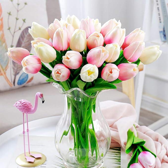 IPOPU 24PCS Pink Tulips Artificial Flowers Light Pink Tulips Fake Flowers for Tulip Flower Arrangements Home Decor Wedding Bridal Bouquet Party Baby Shower Centerpieces (Light Pink)