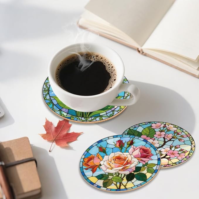 ANATTASOUL Coasters Set of 9 Flowers and Stained Glass Pattern Colorful Wooden Coasters Bulk Round Housewarming Gift for New Home, 3.9" Decorative Coffee Table Protection for Farmhouse Bar Decor