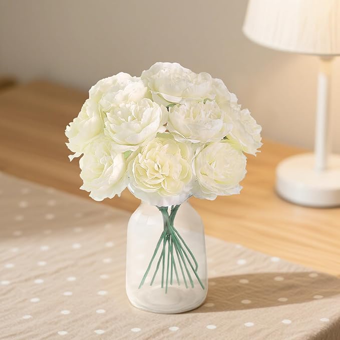 12 PCS Artificial Silk Ivory Peony Flowers with Stems - 8 Inch Fake Peony Bouquet for Wedding, Home Decor, Office Table, Festival Gifts