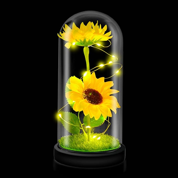 QUELIEN Sunflower Gift for Women,Sun Flowers Home Decor,Preserved Sunflower Bouquet in Glass Dome,Birthday Gifts for Her Mom
