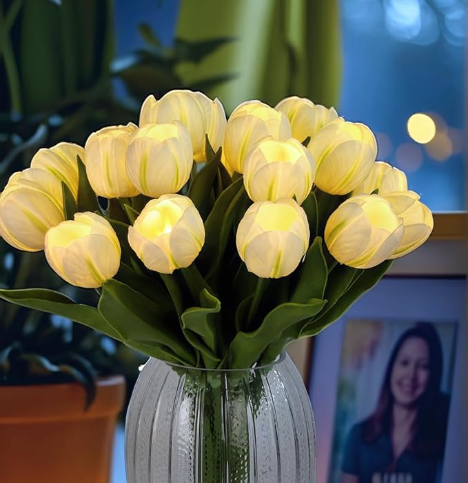 LED Lighted Artificial Tulips, Tulip Lamp, Real Touch Tulip Flowers, 15 Inch Faux Tulip Bouquet with Battery Operated Lights for Gifts, Home Kitchedn Wedding Decor (White)