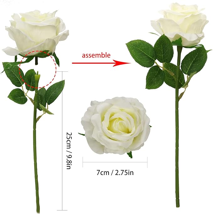 Felice Arts 12 Pack White Roses Artificial Flowers with Stem Fake Flowers Silk Roses Bouquet for Table Vase Wedding Centerpiece Party Home Kitchen Decor