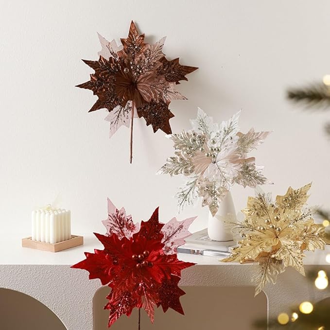 Artificial Flannel Sequin Christmas Flower Ornament, 30x35cm Glitter Holiday Tree Decoration for Wreaths Garlands and Party Arrangements Champagne
