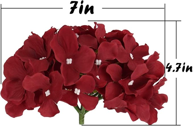 Flojery Silk Hydrangea Heads Artificial Flowers Heads with Stems for Home Wedding Decor,Pack of 10 (Burgundy)