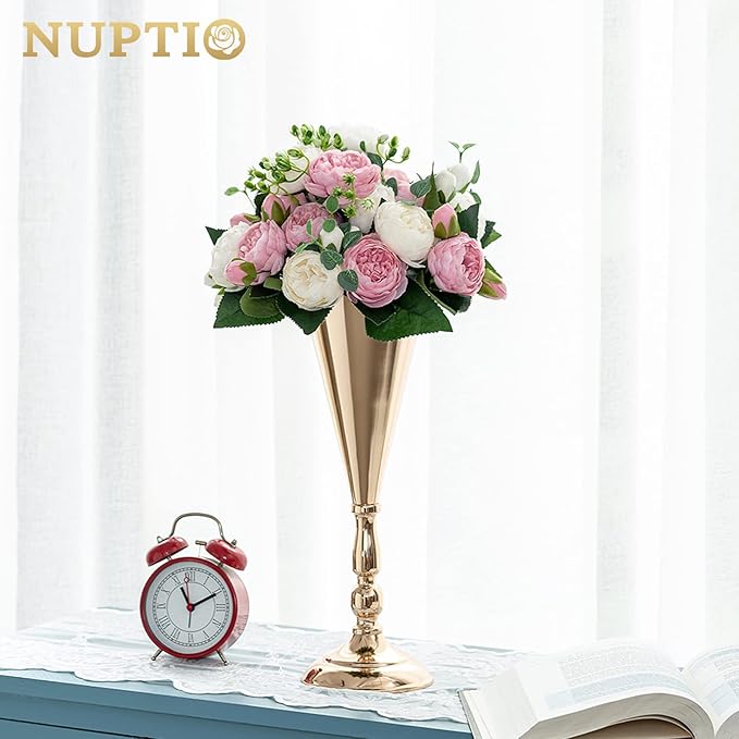 NUPTIO Tabletop Metal Wedding Flower Trumpet Vase Table Decorative Centerpiece Artificial Flower Arrangements for Anniversary Ceremony Party Birthday Event Aisle Home Decoration (10 x M, Gold)