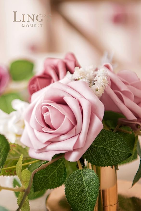 Ling's moment Artificial Flowers 25Pcs Torrid Blush Roses Decor w/Stems,3" Real Touch DIY Foam Floral for Wedding Bouquet/Centerpieces, Outdoors Party Backdrop, Room/Table, and Garden/Pot Decorations