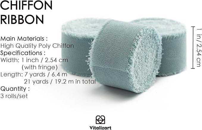 Vitalizart Dusty Blue Chiffon Silk Ribbon 1" x 21 Yd Fringe Fabric Package (3 Rolls * 7 Yd) for Wedding Invitations Bridal Bouquets Decorations Gifts Wrapping & Bow Making