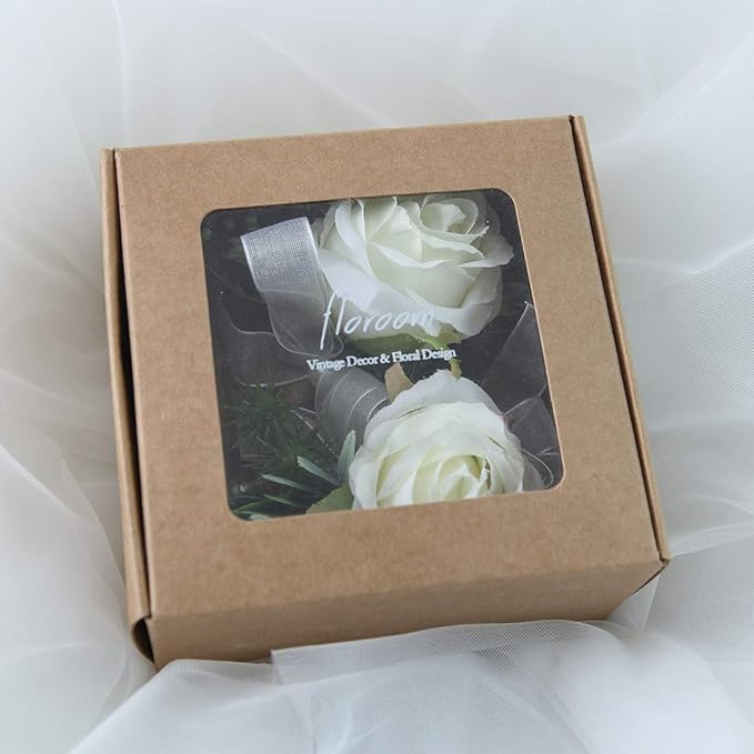Floroom Ivory Rose Wrist Corsage Wristlet Band Bracelet for Women Bride Bridesmaid White Wedding Prom Set of 2