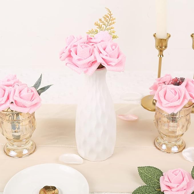 IPOPU Artificial Roses,25pcs Pink Roses Artificial Flowers Glitter Flowers Foam Rose with Stem for DIY Wedding Bridal Bouquet Home Party Decoration(Pink)