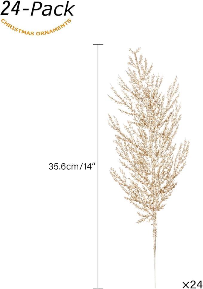 Christmas Glitter Stems 24pcs Artificial Pine Tree Picks for Christmas Tree Ornaments fillers, DIY Xmas Wreath, Crafts, Garland, Holiday, Party, Wedding and Home Decoration (Champagne Gold)