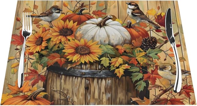 PVC Placemats Set of 1 Wipeable Table Mats Washable Heat Resistant Non Slip Vinyl Dining Table Mat for Kitchen Indoor Outdoor Patio Farmhouse Place Mats Retro Wooden Fall Bird Decorative
