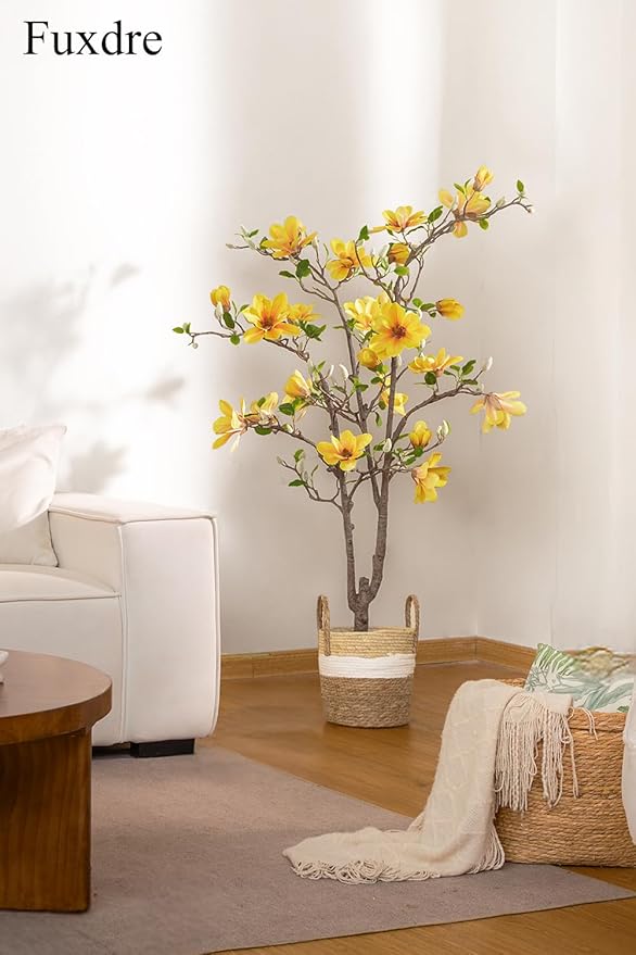 Artificial Magnolia Tree 4.9 ft - with 27 Pcs Yellow Flowers Artificial - Tall Artificial Plants Indoor, Faux Indoor Plants Perfect Potted Magnolia Flower Decor for Living Room, Stairs, Shop, Porch