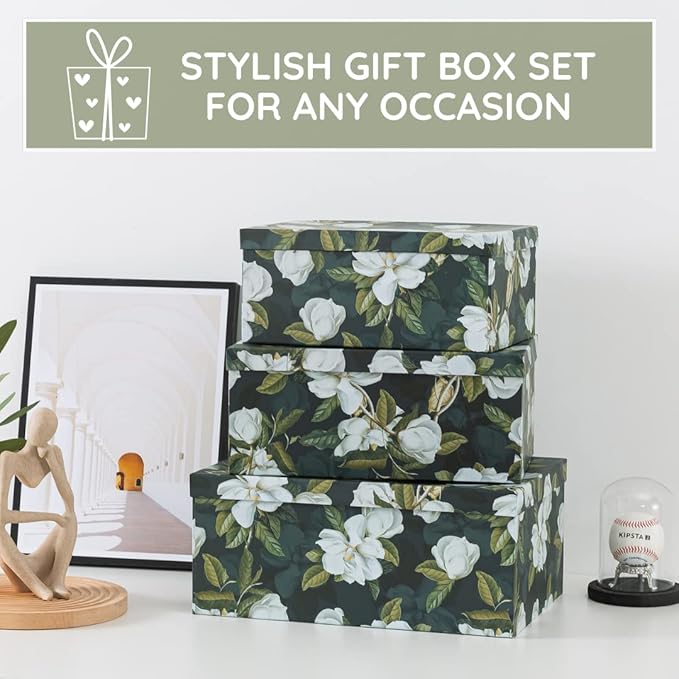 Soul & Lane Decorative Storage Cardboard Boxes with Lids | Midnight Gardenia - Set of 3 | Black Dramatic Paperboard Nesting Boxes