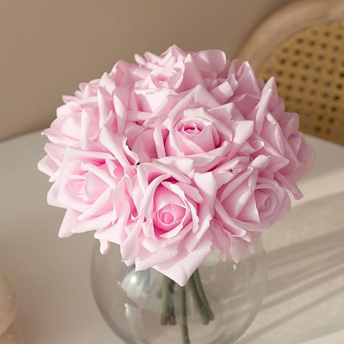Artificial Roses Single Stem 10pcs Fake Silk Flower Arrangement Bouquet Real Touch for Home Party Wedding Decoration(Light Pink)