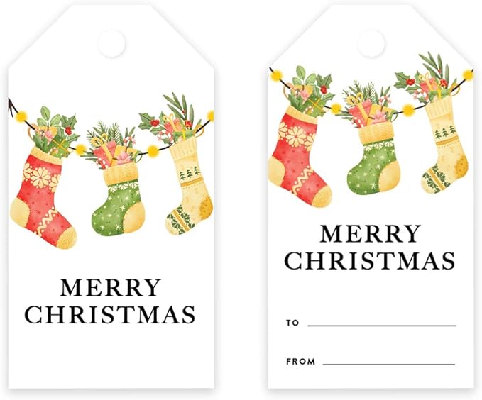 Andaz Press Christmas Holiday Season Classic Gift Tags, Merry Christmas to from Classic Favor Tags, Watercolor Vintage Knit Stockings Design, for Holiday Events, Parties, and Favors, 60-Pack
