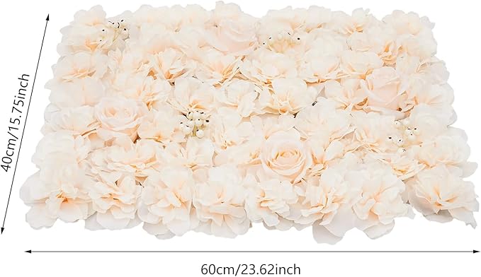 3D Artificial Flower Wall Panels 6 Pack 23.62'' x 15.74'' Silk & Plastic Flower Backdrop, Handmade with Champagne Roses/Hydrangeas/Dahlias, Decor for Wedding Party Home Garden Wall Decorations