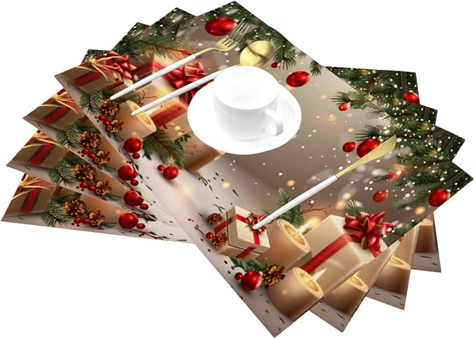 PVC Placemats Set of 4 Wipeable Table Mats Washable Heat Resistant Non Slip Vinyl Dining Table Mat for Kitchen Indoor Outdoor Patio Farmhouse Place Mats Christmas Candle Gift Decorative