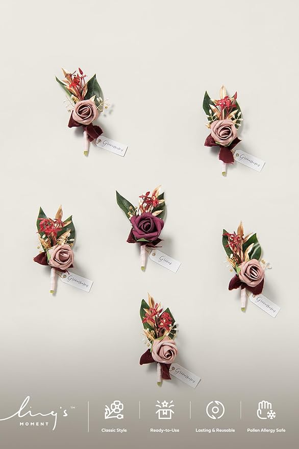 Ling's moment Boutonniere for Men, 6pcs Groom Groomsmen Boutonniere, Artificial Flowers for Wedding Decor/Prom/Homecoming, etc.Marsala Dusty Rose