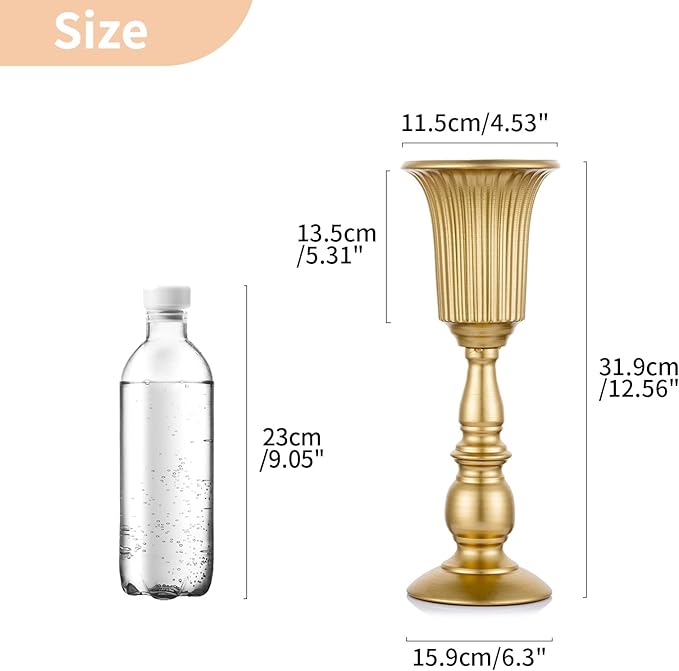 Nuptio Pcs of 2 Metal Trumpet Vase Elegant Wedding Centerpieces Vase for Party Decoration, 31.9cm/12.56" Tall Artificial Flower Arrangements for Anniversary Ceremony Gold