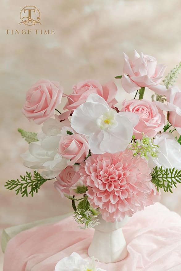 TINGE TIME Artificial Flowers Combo Mix Silk Flowers Pink Roses w/stem for DIY Wedding Bridal Bouquets Baby Shower Floral Arrangement Table Centerpieces Home Decorations (Blush Pink & White)