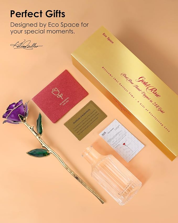 24K Gold Dipped Rose – Handpicked Real Rose in 24K Gold – Regal, One-of-a-Kind Romantic Gift for Her – Perfect for Birthday, Anniversary, Mother’s Day, Valentine’s (Purple)
