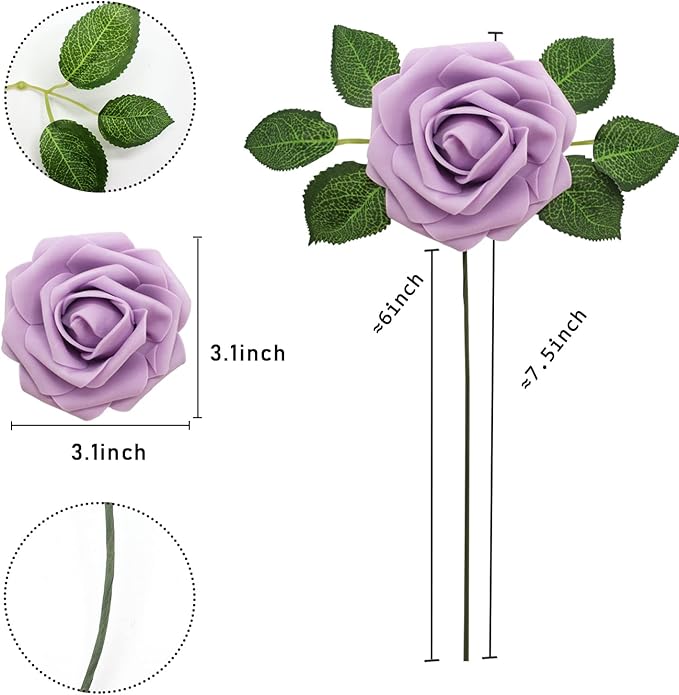 Artificial Roses Flowers 50pcs Real Looking Foam Fake Roses with Stems for DIY Wedding Bouquets Bridal Shower Centerpieces Party Decorations (50, Light Purple)