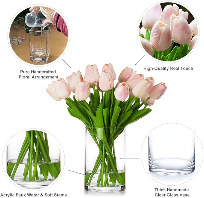 ENOVA FLORAL 20 Pieces Pink Tulips Artificial Flowers Real Touch in Vase, Fake Tulips Arrangements with Vase and Faux Water for Home Decoration, Dining Table, Wedding Centerpieces (Pink)