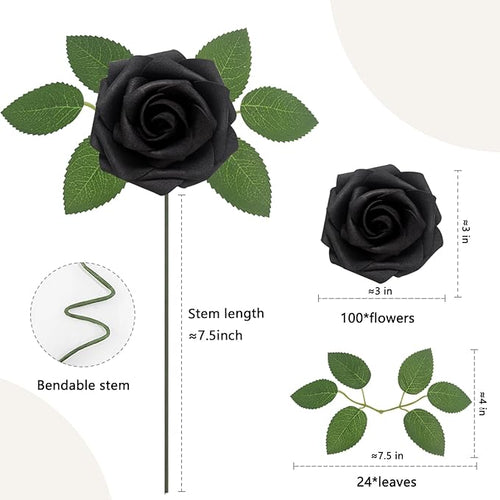 100PCS Black Artificial Flowers Roses Real Looking Foam Fake Roses with Leaves and for DIY Wedding Bouquets Bridal Shower Centerpieces Party Decorations (Black, 100)