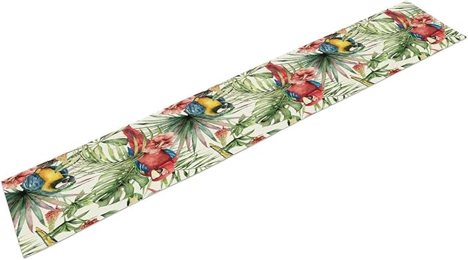 Parrot Table Runner,Tropical Palm Leaf Colorful Macaw Bird Watercolor Print Tablecloth Burlap for Hotel Indoors Outdoor Dining Room Kitchen Home Decor,W13X L60 in