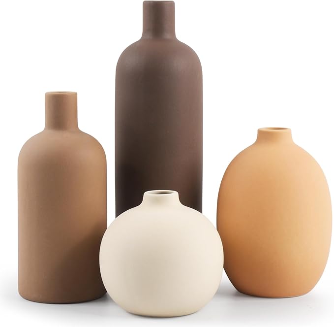 Ceramic Neutral Vase Set of 4 for Farmhouse Home Decor, Rustic Decorative Vases for Boho Living Room Centerpieces, Entryway Decorations, Coffee Table, Bookshelf, Fireplace Mantel