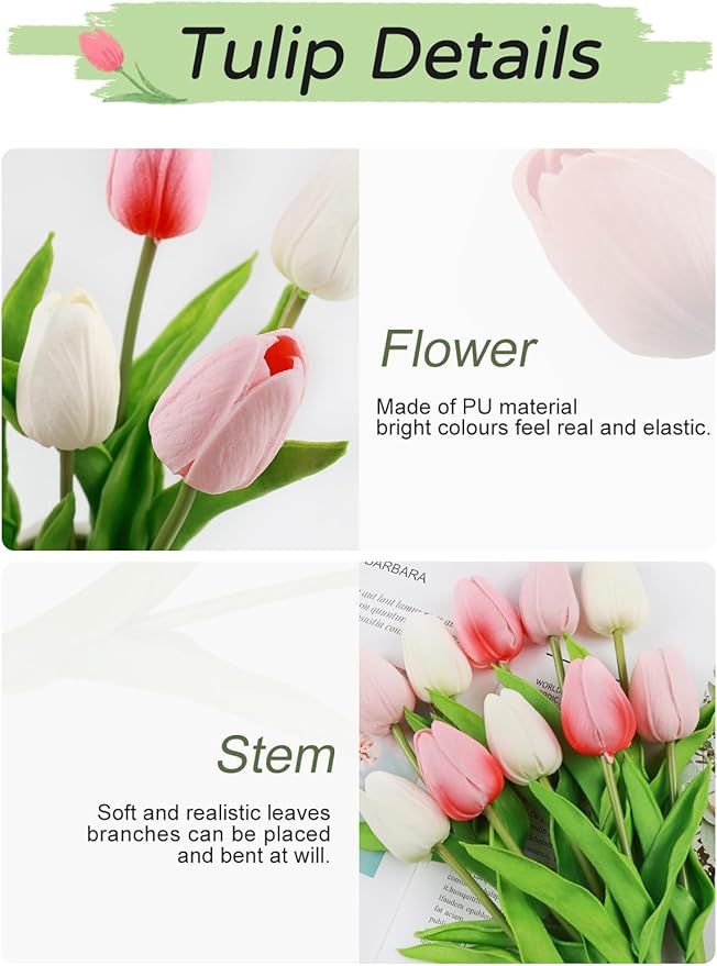 Beferr 18pcs Tulips Artificial Flowers Faux Tulip Real Touch Tulip Fake Flowers Bouquets Arrangements for Mothers Day Spring Easter Wedding Home Table Decor Colorful