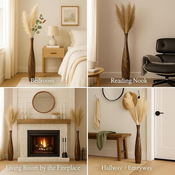 Leewadee Large Brown Light Brown Home Decor Floor Vase – Wooden 34 inches Tall Farmhouse Decor Flower Holder for Fake Plant and Pampas Grass