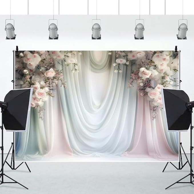 Leowefowa Floral Backdrop for Wedding Decor Pink Rose Flower White Curtain Wall Photography Background for Baby Shower Wedding Anniversary Ceremony Party Decorations Banner Studio Props 12x8ft Vinyl
