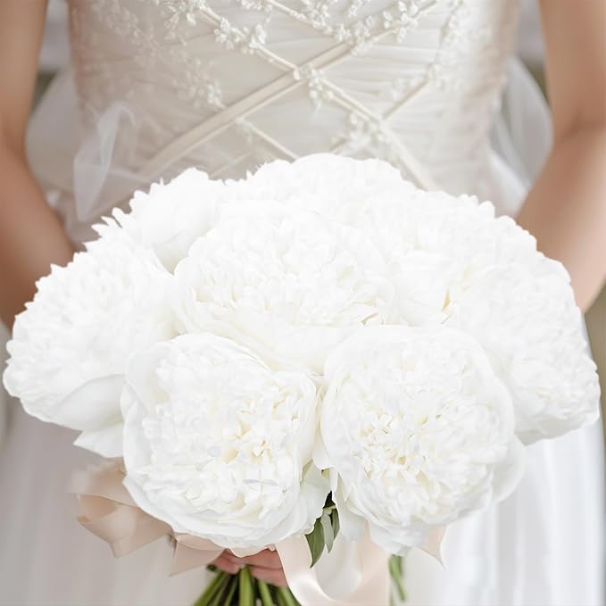 U'Artlines Artificial Peony Silk Flower with Stems 20pcs Real Look Vintage Peonies for Home Wedding Decoration(Pure White)