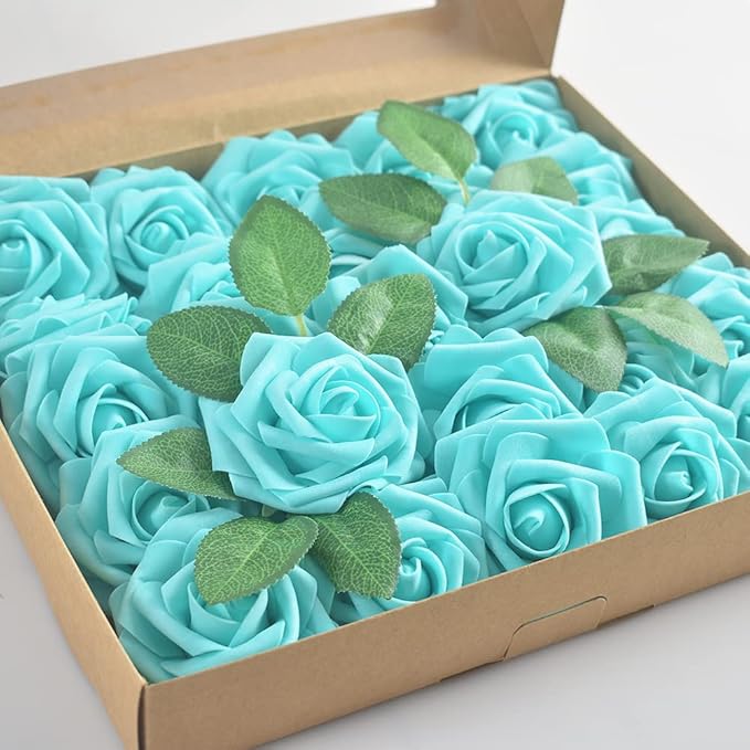 homEdge Artificial Rose, 25pcs Foam Artificial Flowers with Stem for Home Decorations, Wedding Bouquets, Party, Certerpieces, Anniversaries-Light Blue