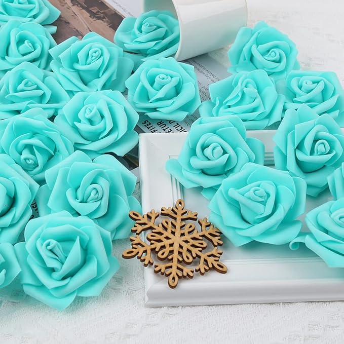 Artificial Rose Flower Heads, 100pcs Teal Green Roses Artificial Flower Foam Rose for DIY Wedding Bouquets Centerpieces Arrangements Party Baby Shower Home Decor (Stemless,Teal Green)